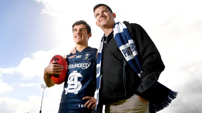 South Adelaide draft prospect Hayden Sampson with his dad Clay Sampson, a Crows premiership player. Picture: Tricia Watkinson