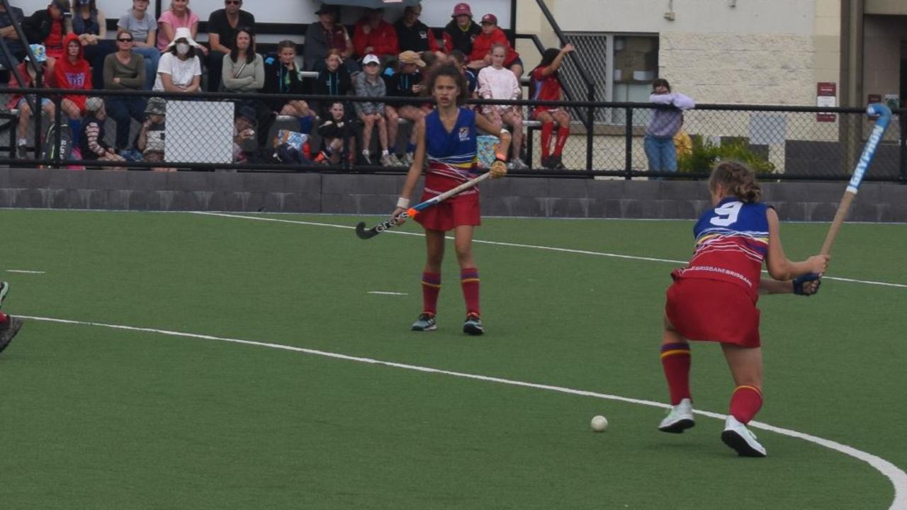 Gympie hosted the 2021 Under 13 Girls State hockey championships over the last four days, with Brisbane teams taking out two of the three division titles. Lily Punch (9) of Brisbane 1 shoots for goal. Pictures: Josh Preston