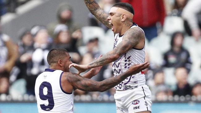 Michael Walters celebrates his matchwinner against Collingwood.