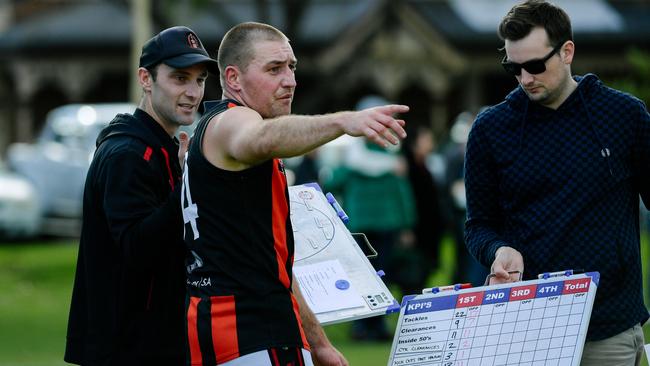 Rostrevor Old Collegians player/coach Will O'Malley during his side’s eventual Adelaide Footy League division one loss to Prince Alfred Old Collegians. Picture: AAP/Morgan Sette