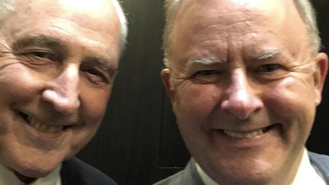 Anthony Albanese snaps a selfie with Paul Keating in Canberra on Monday night. Picture: Instagram