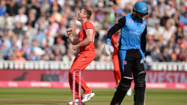 Aussie star James Faulkner knocks over Joe Clarke in a T20 Blast match back in 2018.