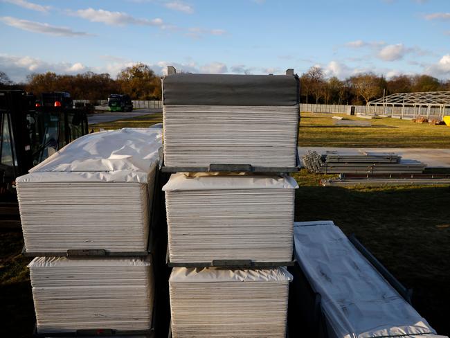 A temporary mortuaryduring construction in Manor Park, East London. Picture: Tolga Akmen/AFP