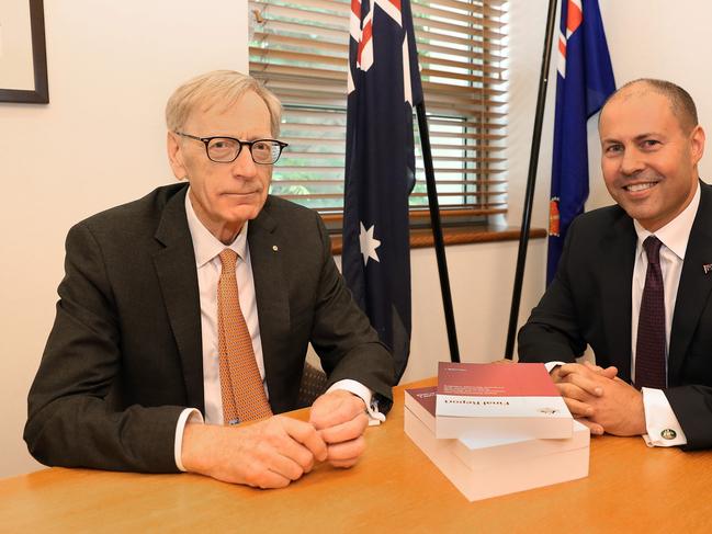 POOL PHOTOS FOR FAIRFAX AND AAP - PLEASE EMAIL ON -Commissioner Kenneth Hayne and Treasurer Josh Frydenberg with the final report from the Royal Commission into Misconduct in the Banking, Superannuation and Financial Services Industry, at Parliament House in Canberra. Picture Kym Smith