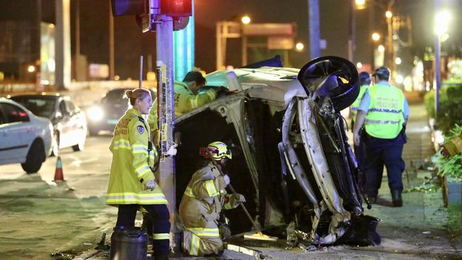 A P-plate driver was taken to hospital after allegedly accelerating from an RBT before crashing and rolling the car in Sydney’s Inner West in February. Picture: Steve Tyson