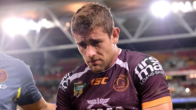 BRISBANE, AUSTRALIA — APRIL 20: Andrew McCullough of the Broncos looks dejected as he is taken from the field injured during the round seven NRL match between the Brisbane Broncos and the Melbourne Storm at Suncorp Stadium on April 20, 2018 in Brisbane, Australia. (Photo by Bradley Kanaris/Getty Images)