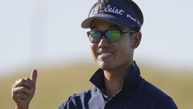 Kevin Na reacts after making a birdie on the ninth hole.