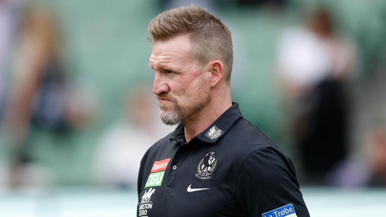 MELBOURNE, AUSTRALIA - MAY 01: Nathan Buckley, Senior Coach of the Magpies looks on during the 2021 AFL Round 07 match between the Collingwood Magpies and the Gold Coast Suns at the Melbourne Cricket Ground on May 01, 2021 in Melbourne, Australia. (Photo by Michael Willson/AFL Photos via Getty Images)