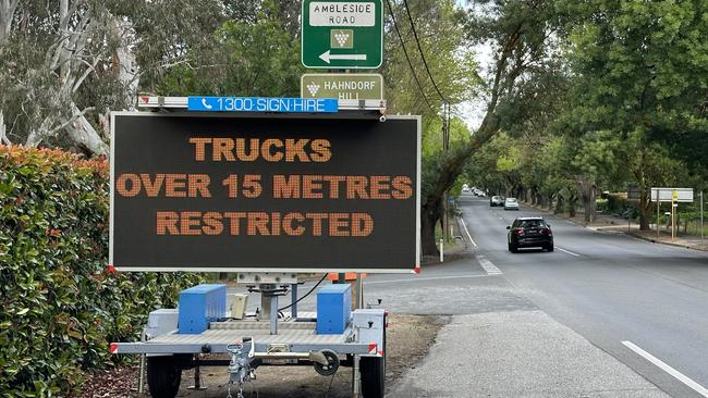 A heavy-vehicle diversion sign in Hahndorf's main street. Supplied