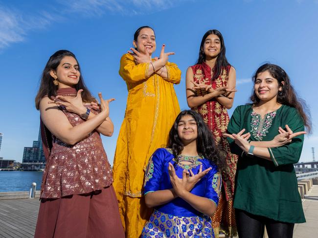 Melbourne Diwali dancers. Sandeep Kaur, Anya Gupta Front row l-r Tanvi khanna, Kyra Gupta, Muskan Manchanda. Picture: Jason Edwards