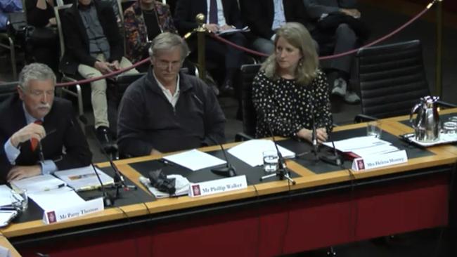 Left to right: Save Mona Vale Hospital chairman Parry Thomas, Phillip Walker and Helena Mooney at Northern Beaches Hospital Inquiry.