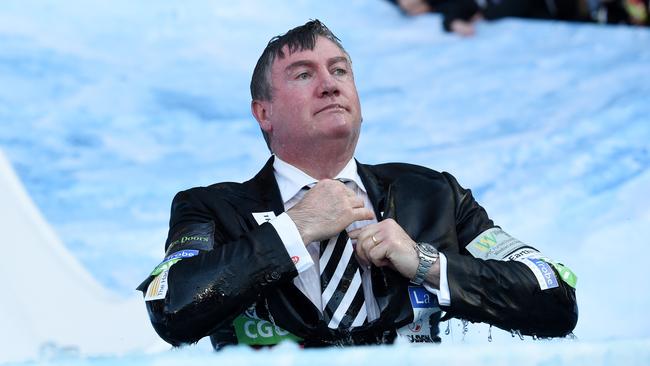 Eddie McGuire, after taking his MND ice bath last Monday, has apologised for joking about drowning Caroline Wilson. Picture: AAP