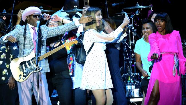 Supporting act Chic with songwriting giant Nile Rodgers (left) hosts an onstage disco at Lionel Richie Adelaide concert, Botanic Park. Picture: BERNARD HUMPHREYS