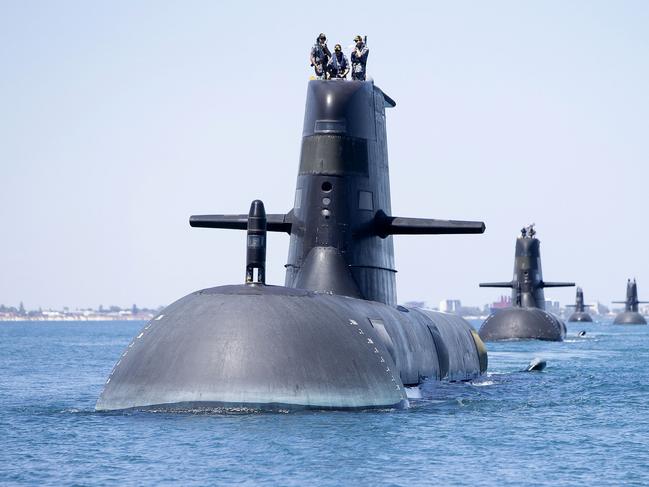 Collins Class submarines HMAS Collins, HMAS Farncomb, HMAS Dechaineux and HMAS Sheean in formation while transiting through Cockburn Sound, Western Australia. Collins Class submarines are an essential part of Australiaâ€™s naval capability, providing a strategic advantage in terms of surveillance and protection of our maritime approaches. *** Local Caption *** Royal Australian Navy Collins Class Submarines, HMAS Collins, HMAS Farncomb, HMAS Dechaineux and HMAS Sheean sail in formation while transiting through Cockburn Sound, Western Australia, in February 2019. Picture: Royal Australian Navy