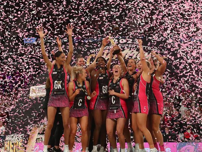 The Thunderbirds celebrate victory in the 2023 Super Netball Grand Final. Picture: Kelly Defina/Getty Images