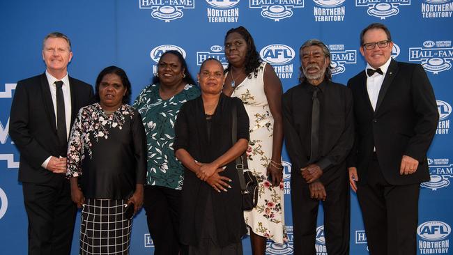 Paul Kirby, Ceclia Lake, Andrea Andrews, Belinda Lorenzo, Priscilla Yunupingu, Gabriel Lorenzo and Luke Gosling at the 2023 AFLNT Hall of Fame. Picture: Pema Tamang Pakhrin