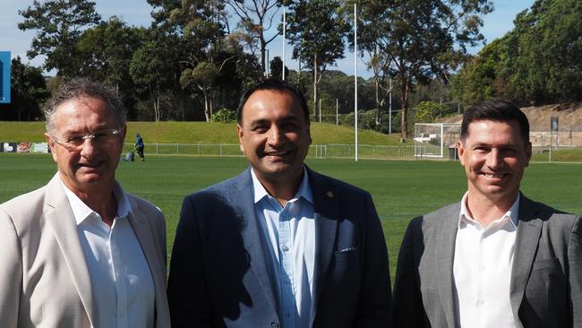 Member for Coffs Harbour Gurmesh Singh, Coffs Harbour mayor Paul Amos and Touch Football Australia CEO Jamie O’Connor at C.ex Coffs International Stadium for today’s announcement. Picture: Craig McTear