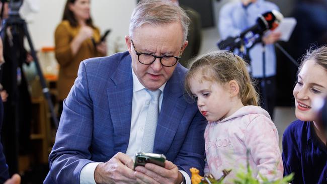 Anthony Albanese at the Occasional Child Care Centre in Diamond Creek in Melbourne. Picture: Aaron Francis