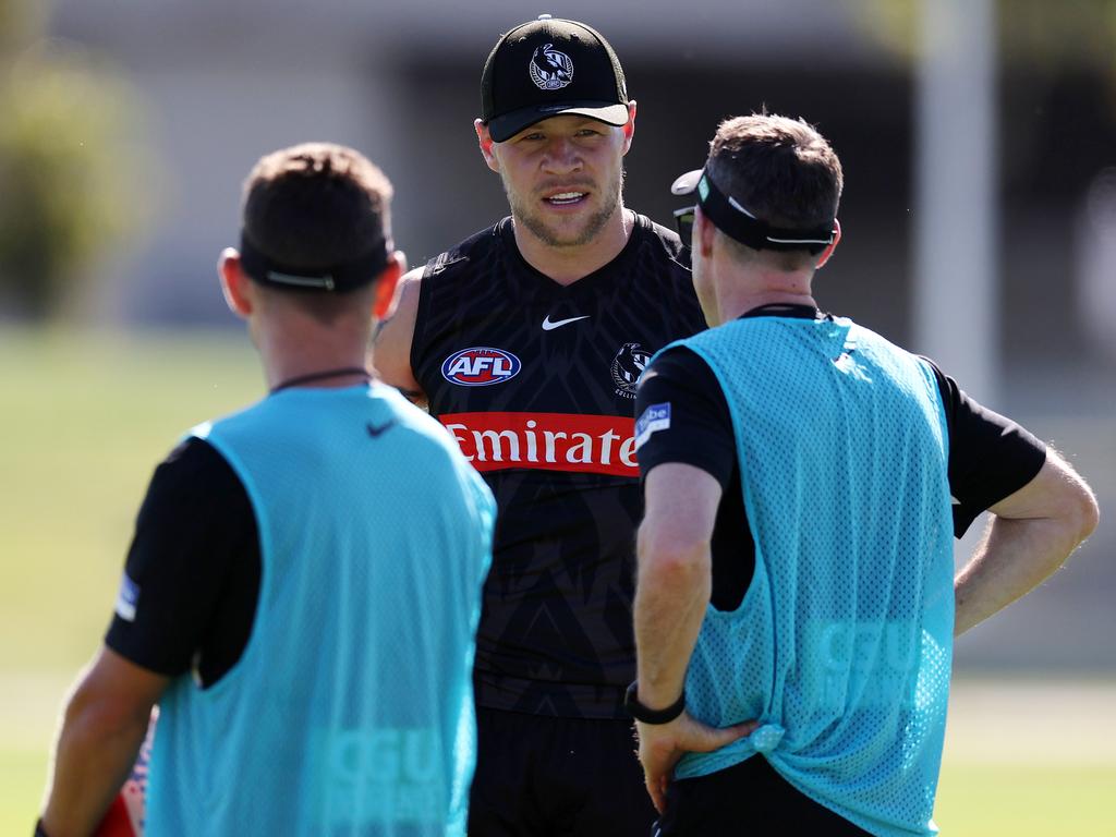 Jordan De Goey talks with coach Craig Macrae. Picture: Michael Klein.