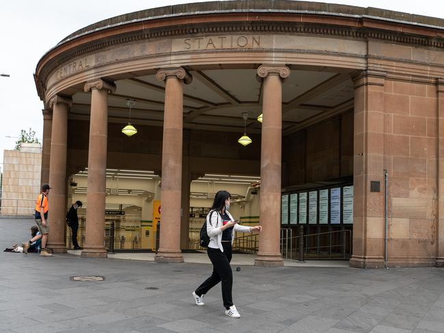 Signs at a quiet Central Station showing cancelled services on Monday morning. Picture: Flavio Brancaleone