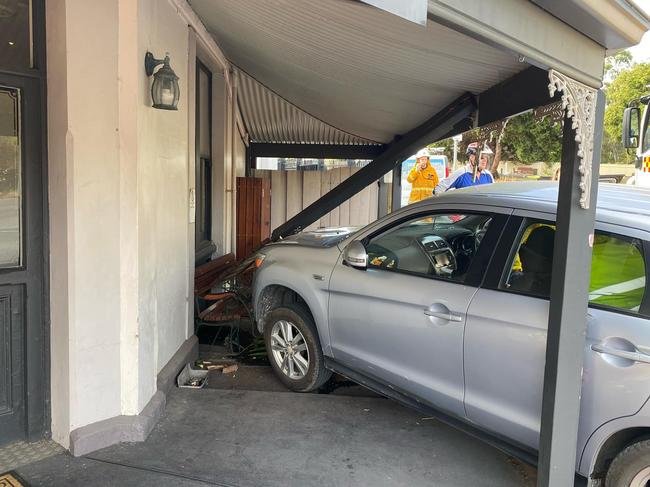 A woman was rushed to hospital after her car crashed into the Balhannah Hotel on Friday morning. Picture: Balhannah Hotel