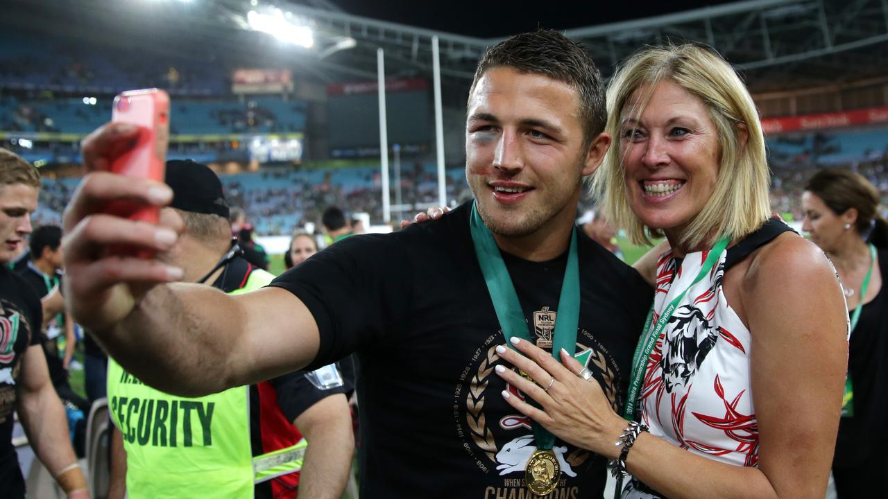 Sam Burgess takes a selfie with his mother Julie after the 2014 Grand Final. Picture: Gregg Porteous.