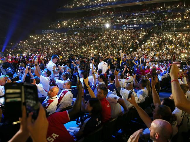 The stadium lit up for the ceremony. Picture: Sam Ruttyn