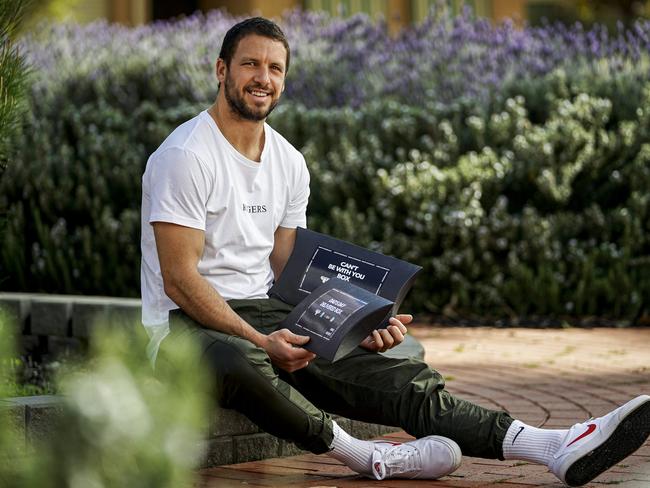 Port Adelaide footballer Travis Boak  is partnering with a company that creates hampers for those who can't see their dad on father's day - Travis lost his dad when he was just 16 - pictured with some of the items that will be in the hampers, Sunday August 16, 2020 - pic MIKE BURTON