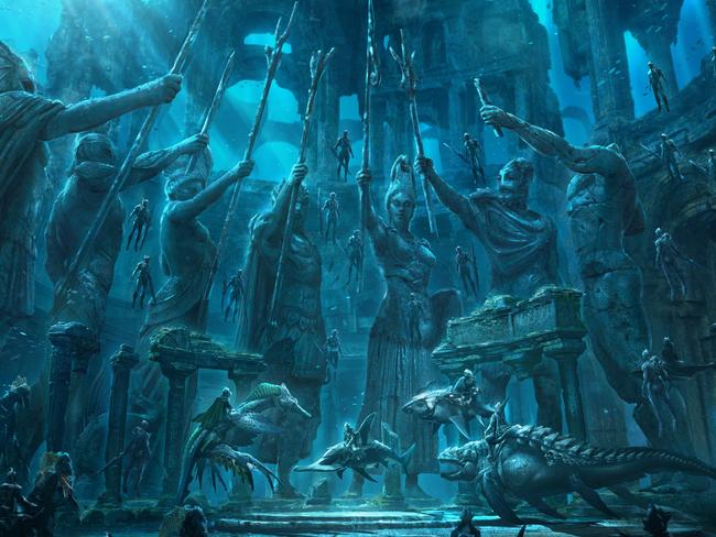 Concept art for Aquaman film shows the warriors of Xebel (riding sea horses) and Atlantis (riding great white sharks) preparing to battle inside a grand underwater coliseum