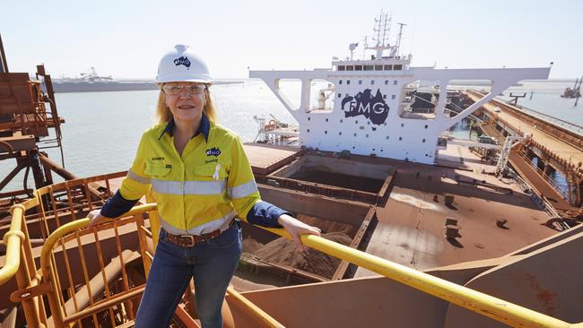 Fortescue Metals Group chief executive Elizabeth Gaines atop a shiploader at the iron ore miner’s Port Hedland facilities. Picture: Supplied.