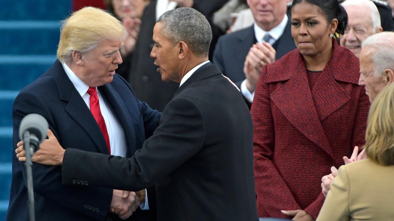 Mr Trump and Mr Obama at the former’s inauguration. Picture: Mandel Ngan/AFP