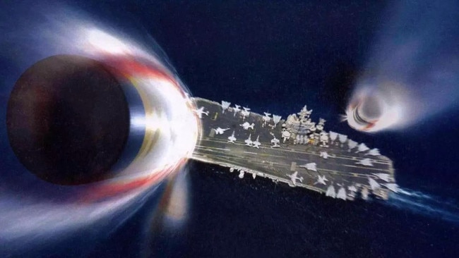 Hypersonic projectiles are shown plunging towards a US Navy nuclear-powered aircraft carrier. The Pentagon admits it has no defence against these weapons.