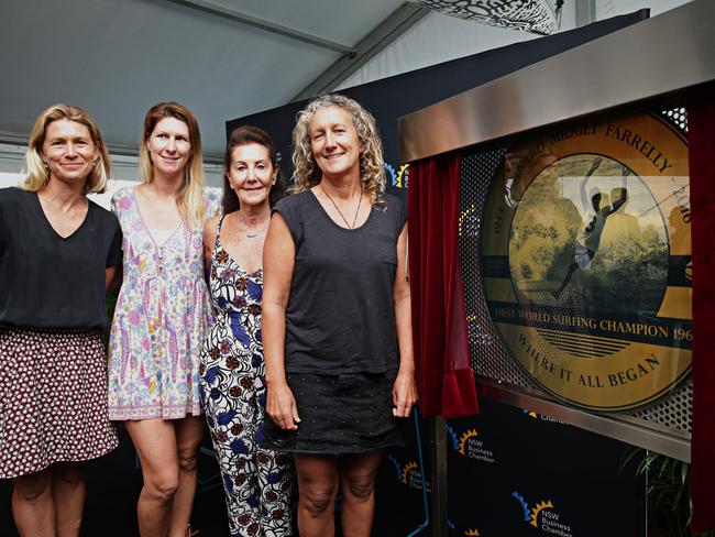 Johanna Farrelly, Lucy Farrelly, Beverlie (wife) Farrelly and Priscilla Farrelly with the Australian Open of Surfing tribute to their father and husband who was the first world surfing champion Midget Farrelly Picture: Adam Yip/ The Manly Daily