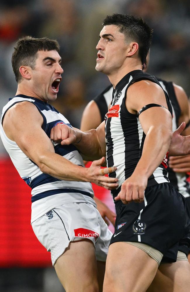 Shaun Mannagh (left) and Brayden Maynard clash after the Cat kicked a goal. Picture: Quinn Rooney/Getty Images