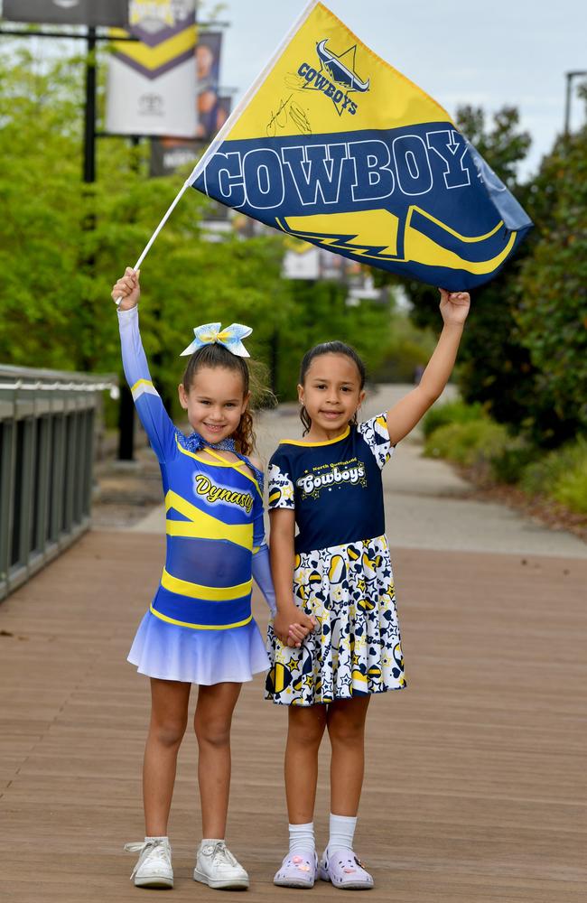 North Queensland Cowboys open training session at Cowboys HQ. Savanna Reynolds, 7, and Gabriella Abdul-Rahman, 7. Picture: Evan Morgan