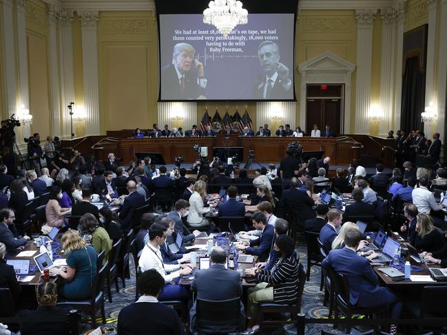 A transcript of a phone call between former U.S. President Donald Trump and Brad Raffensperger, Georgia Secretary of State, appears on a video screen during the fourth hearing on the January 6th investigation in Washington, DC. Picture: Getty Images/AFP