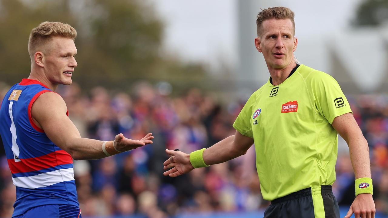 Adam Treloar remonstrates with umpire Hayden Gavine on the weekend. Picture: Michael Klein