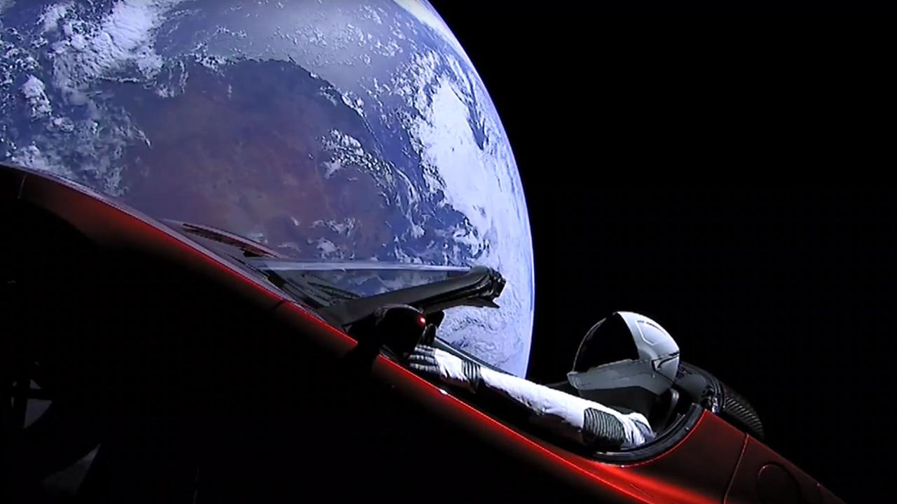 On February 2, 2018, SpaceX launched a Tesla car with “Starman” — a dummy, not a real person — into orbit around Earth. Picture: AFP/SpaceX