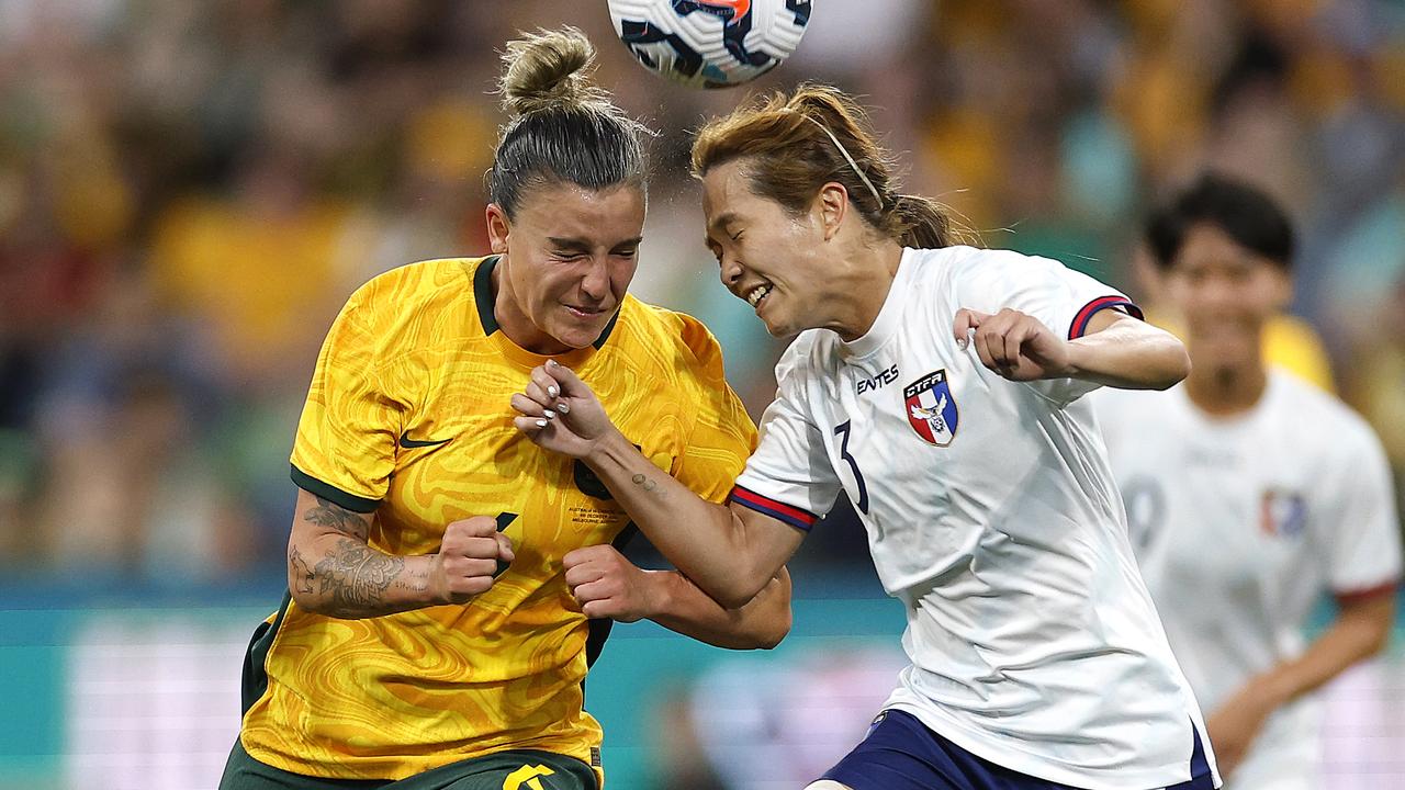 MELBOURNE, AUSTRALIA - DECEMBER 04: Chloe Logarzo of Australia and Chan Pi-Han of Chinese Taipei clash during the International Friendly match between Australia Matildas and Chinese Taipei at AAMI Park on December 04, 2024 in Melbourne, Australia. (Photo by Daniel Pockett/Getty Images)