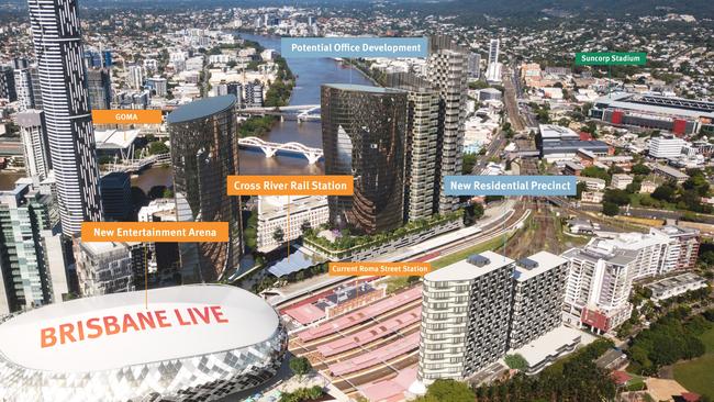 Brisbane’s master plan features an indoor entertainment arena over Roma Street Station.