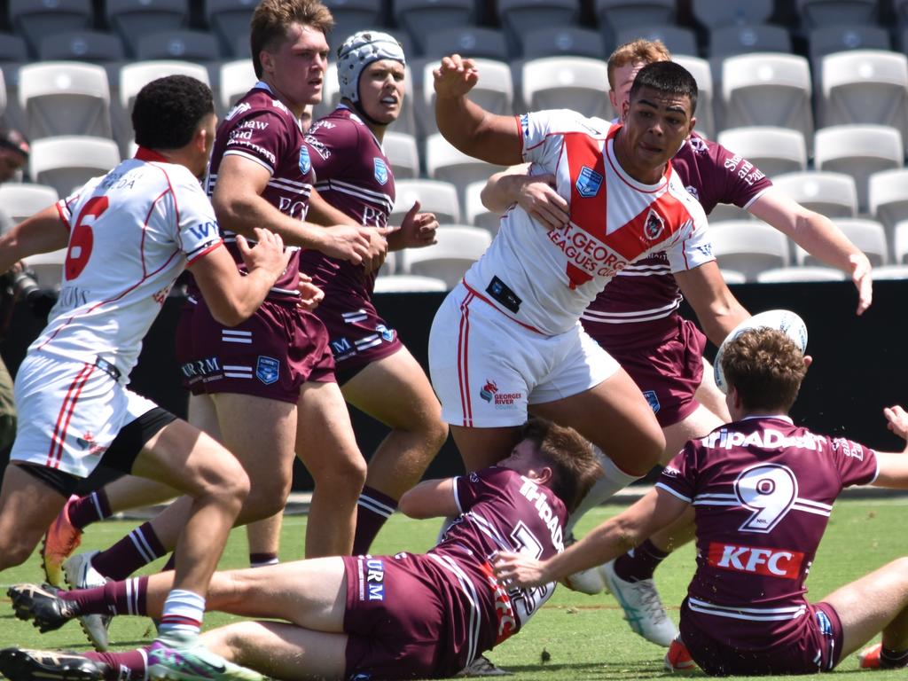 Jacob Halangahu looks for an offload. Picture: Sean Teuma. NSWRL Junior Reps. SG Ball Cup round two, St George Dragons vs Manly Sea Eagles at Jubilee Oval, 10 February 2024