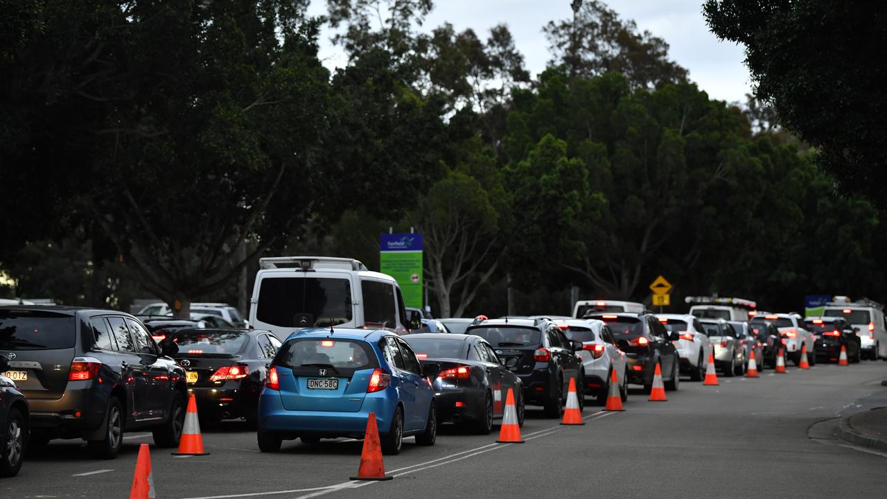 Days before harsh new testing rules come into effect, lines at Fairfield are stretching back kilometres. Picture: NCA NewsWire/Joel Carrett