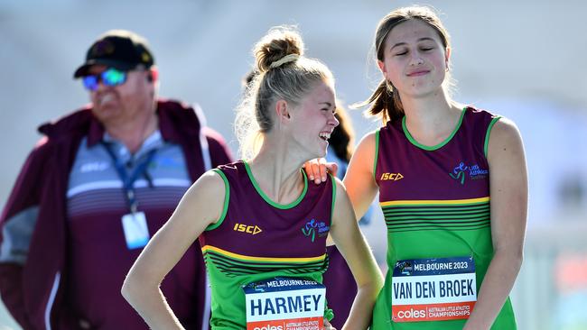 Georgia Harmey (TAS) and Bailey Van Den Broek (TAS) react while competing in the Girls Under 15 Heptathlon.