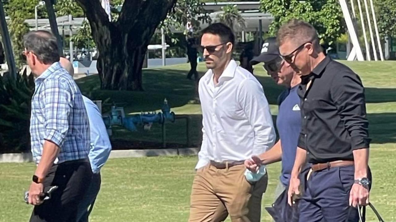 Former Australian cricketers Mitchell Johnson and Mark Waugh arrive.