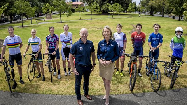 Men's and women's race directors Stuart O'Grady and Kimberley Conte at the announcement of the Santos Festival of Cycling with Darren Hicks (para-cycling), Meg Lemon (para-cycling), Carlee Taylor (road), Ella Sibley (track), Nat Redmond (cyclocross), Cam Ivory (mountain bike), Tristan Sauders (road) and Dontay Cooper (BMX). Picture: Roy Van der Vegt.