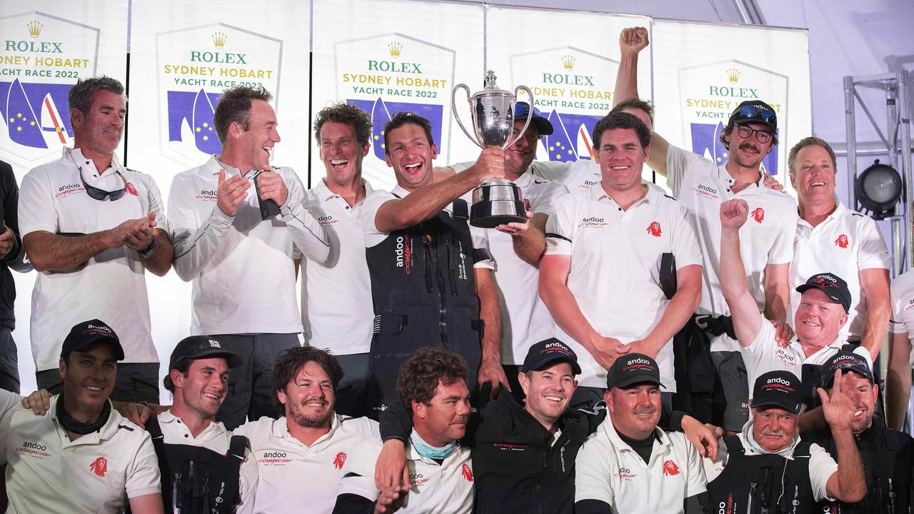 Andoo Comanche crew celebrate winning the Sydney to Hobart. Pic: Chris Kidd