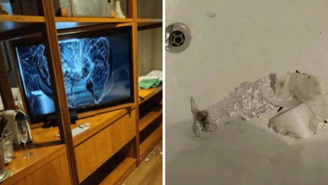 An LED television with a dent in its screen inside Liam Payne’s hotel room and remains of wax and crumpled and burned aluminum foil. Images: News.com.au