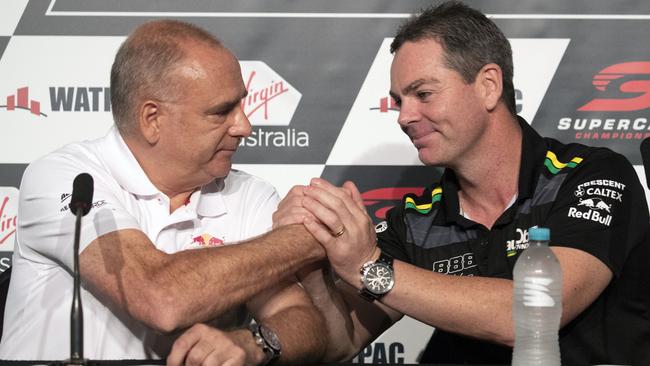 Lowndes (right) and Triple Eight Race Engineering boss Roland Dane. Picture: AAP