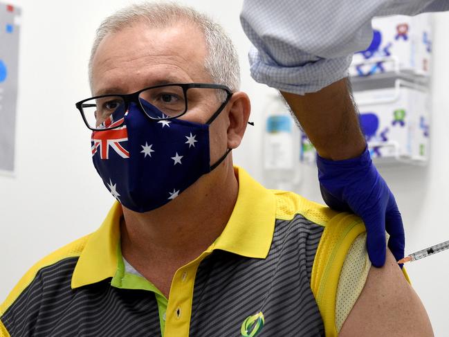 SYDNEY, AUSTRALIA - NewsWire Photos MARCH, 14, 2021: Prime Minster Scott Morrison is seen receiving his second and final COVID-19 vaccination shot at the Castle Hill Medical Centre, in Sydney. Picture: NCA NewsWire/Bianca De Marchi