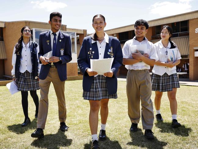 DAILY TELEGRAPH - 29/10/24Yr12 HSC business Studies students from St Andrews College Marayong pictured after finishing their exam today. L to R, Amber Kahlon, Monark Patel, Euleila Barret, Dominic Watson and Alaina Hartono. Picture: Sam Ruttyn